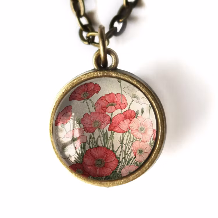 Halsband, dubbelsidig berlock – Rosa & röd vallmo