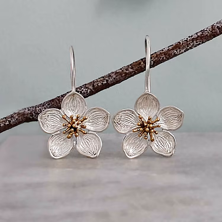 Örhängen – Körsbärsblomma på krok, silver & brons
