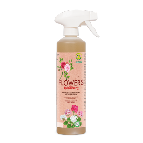 Blomguld (Flowers) spray 500 ml stärker växterna på ett naturligt sätt. Denna allt-i-ett-produkt innehåller allt som växterna behöver för att hålla sig starka och få många blommor med intensiva färger