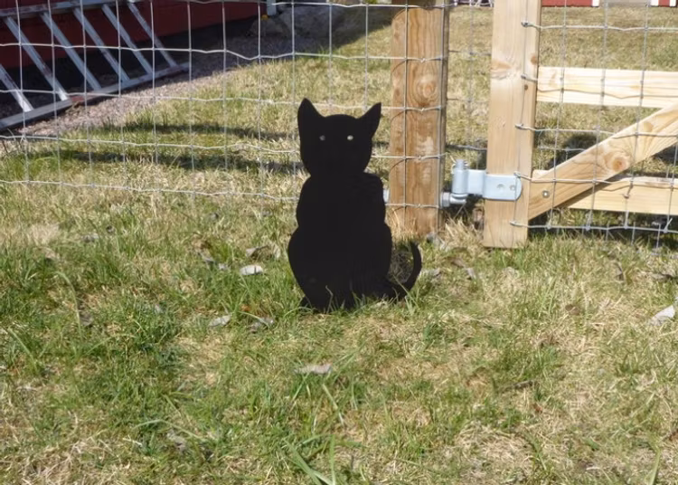 Siluett i form av en sittande svart katt som är nedstucken i marken.