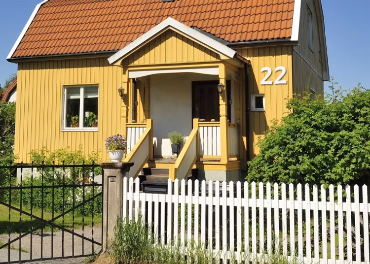 Vita hussiffror på gul träfasad.