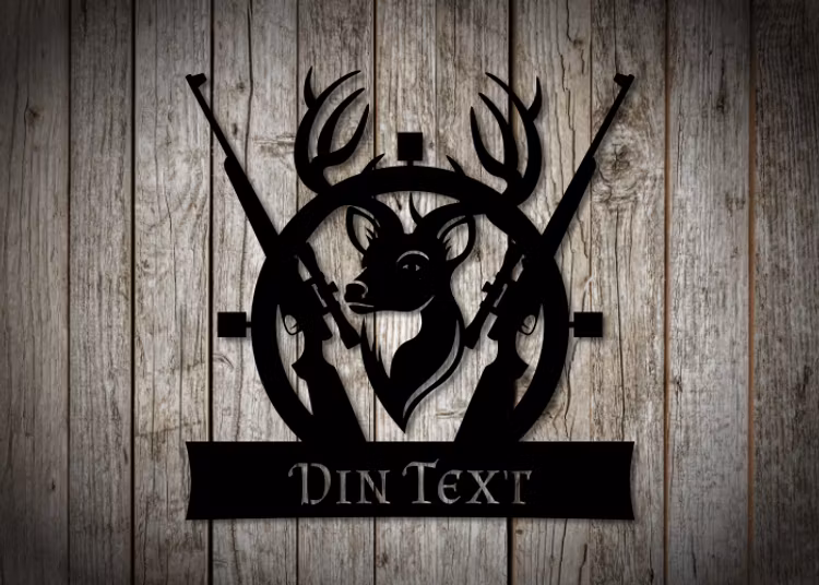 Svart skylt skuren i metall med djur och jaktmotiv och din text.