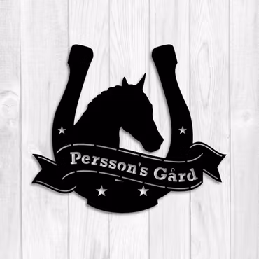 Skylt Häst Hästsko - Stall-skylt i metall med egen text