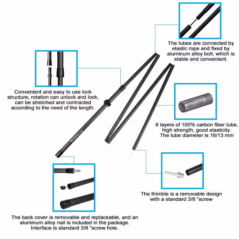 Justerbar kolfiber Tältstång/Tarp Pole 1,75m