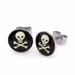 Dödskalle Örhängen i Kirurgiskt Stål med Svart Emalj – Jolly Roger (Par)
