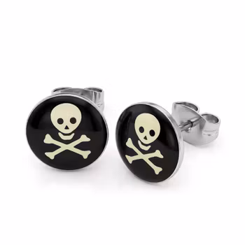 Dödskalle Örhängen i Kirurgiskt Stål med Svart Emalj – Jolly Roger (Par)