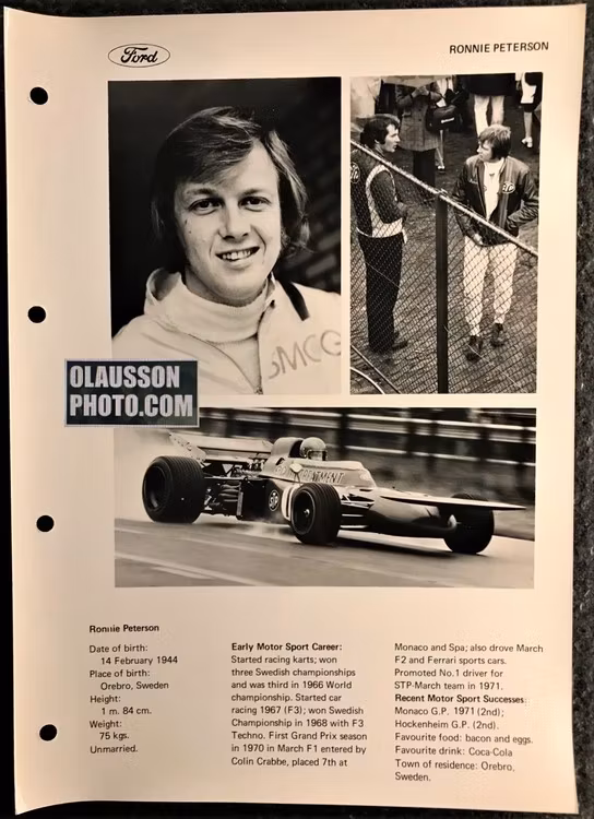 1971 - Fordfoto faktablad - Ronnie i March 711 - 21 x30 cm