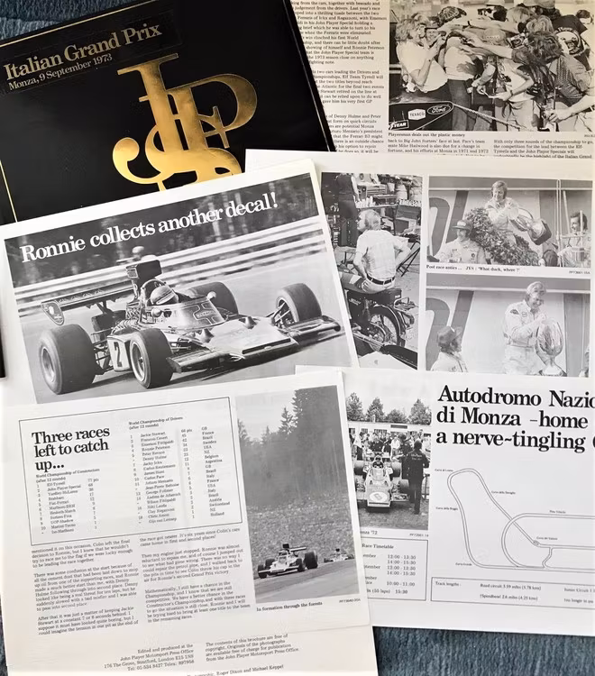 Monza 1973 original - Ronnieseger - 5-sid tävlingsrapport, Lotus mapp - foto 20x30 cm