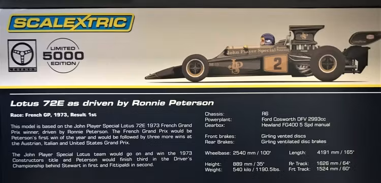 Scalextric-modell: Ronnie Peterson i Lotus-seger, Frankrikes GP 1973, skala 1:32, dekaler