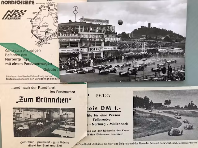 Gammalt Nürburgring-material i original: dekaler, biljetter, vykort, bankvitton