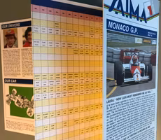 1985 Monacos GP/ Prost/Senna - 12-sidig folder från sponsorn SAIMA, format 11x23 cm