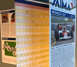 1985 Monacos GP/ Prost/Senna - 12-sidig folder från sponsorn SAIMA, format 11x23 cm