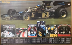 Ronnie Peterson-affisch, Tekn Värld-kalender '74, format 55x87cm, monterad, veck