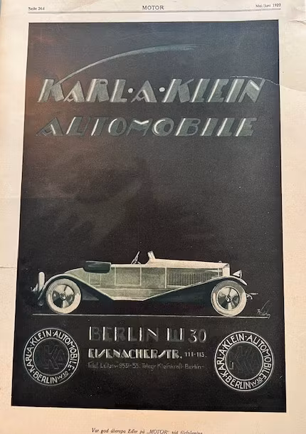 Karla-Klein Auto, Berlin 1922, Orig-annons, 25 x 35 cm