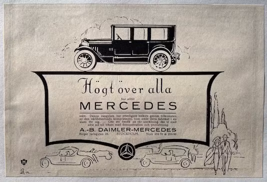 Mercedes, svensk annons i SMT 1923, format 13 x 20 cm