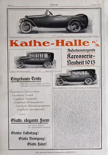 Kathe-Halle a/s, karossnyhet 1913, tyska modeller, 25x34 cm