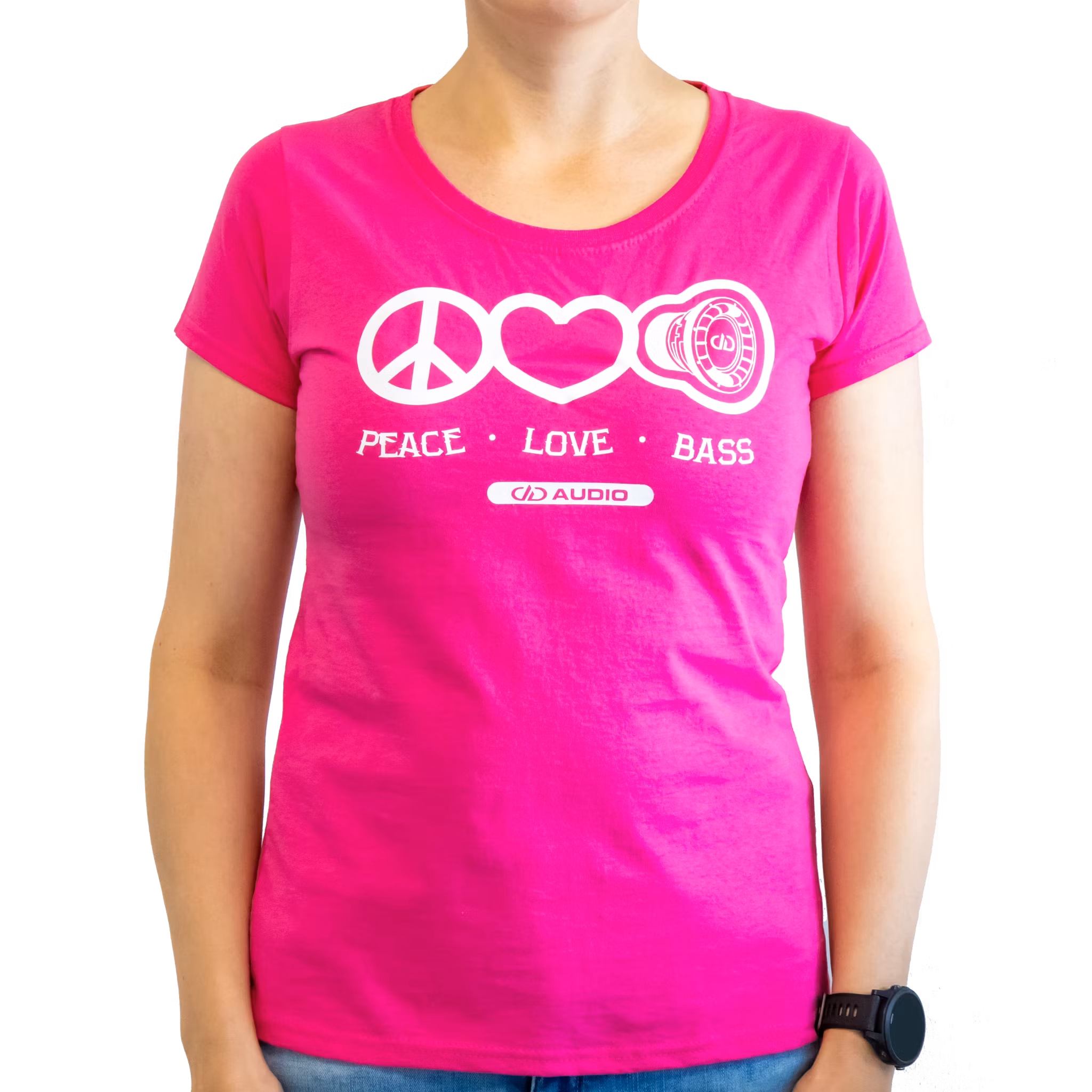 DD Women′s t-shirt L Pink Love Peace & Bass
