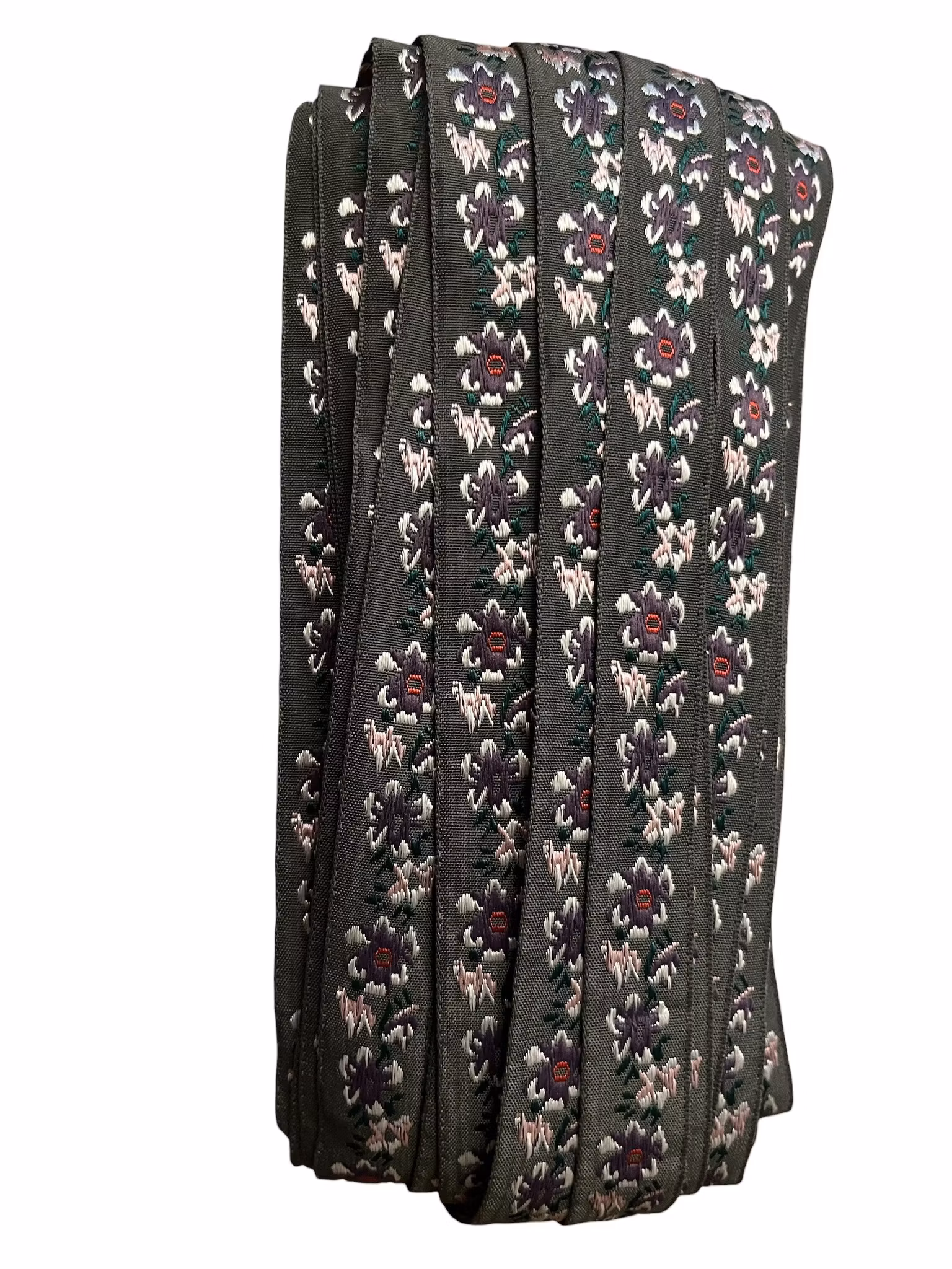 Jaquardbånd 20 mm – Mosegrønn med lilla og rosa blomster