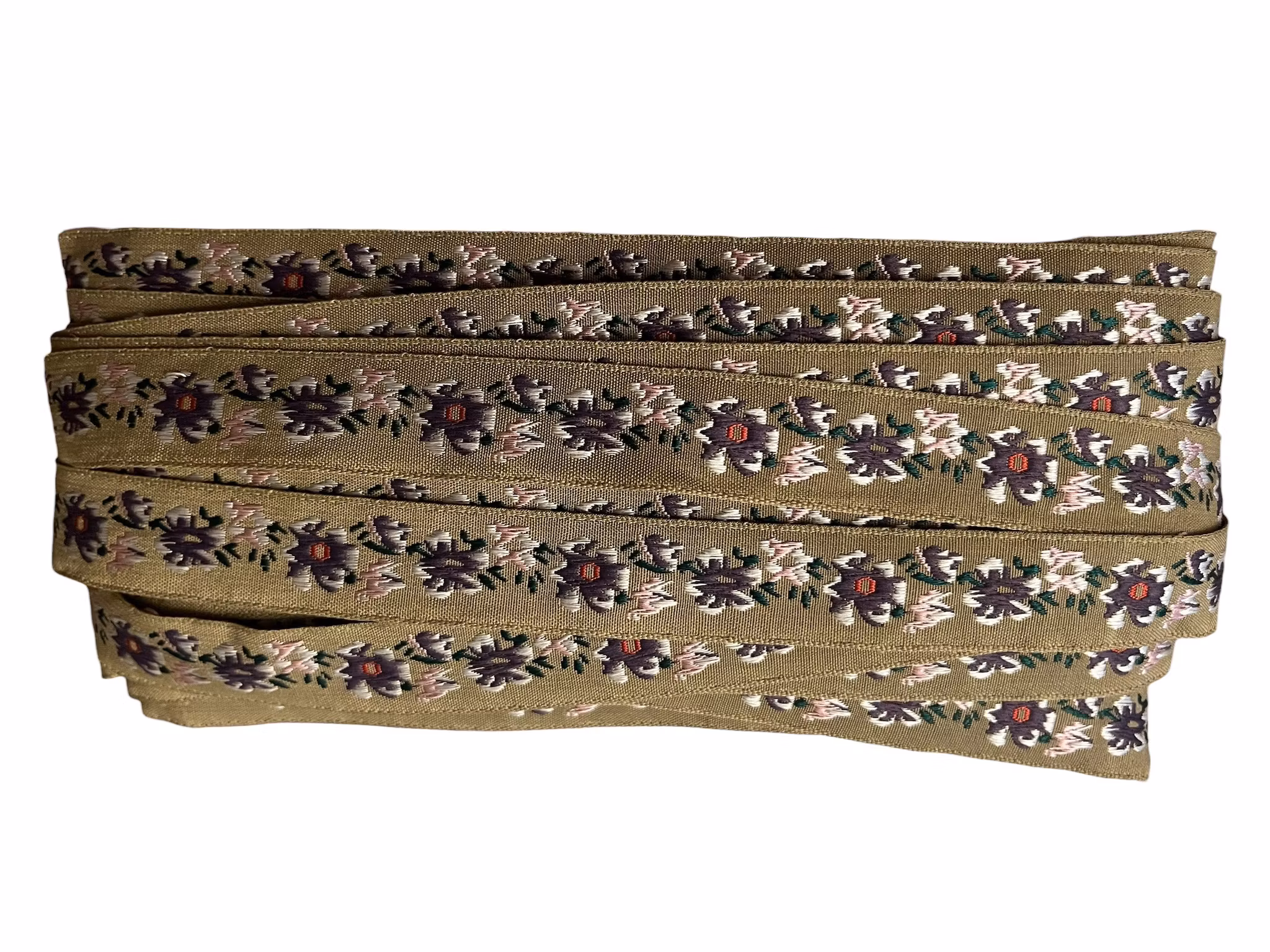 Jaquardbånd 20 mm – Beige med lilla og rosa blomster