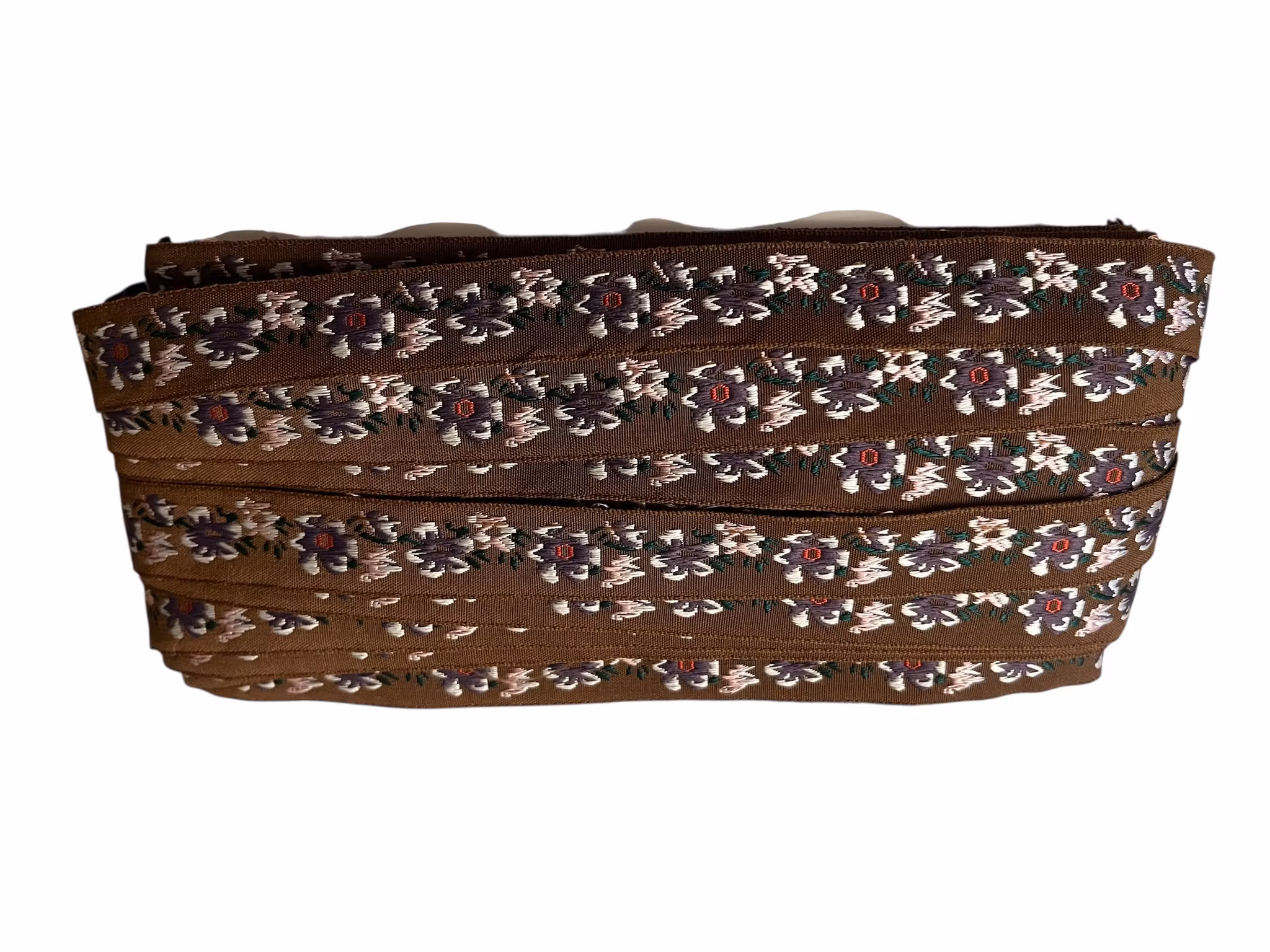 Jaquardbånd 20 mm – Brun med lilla og rosa blomster