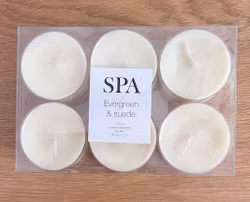 SPA Värmeljus med doft, 12-pack Evergreen & suede, Vit Ø5,5xH2 cm ~7,5 h