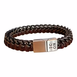 ICON Armband Leon metall/brunt flätat läder med rostfritt spänne, längd 23 cm