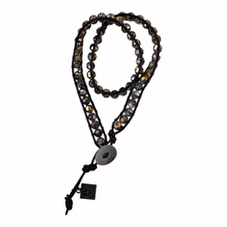 ICON svart läderarmband i två varv med guld och blandade kristaller, 32 cm