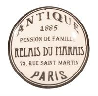 Vit keramikknopp med svart text, Antique, Paris.