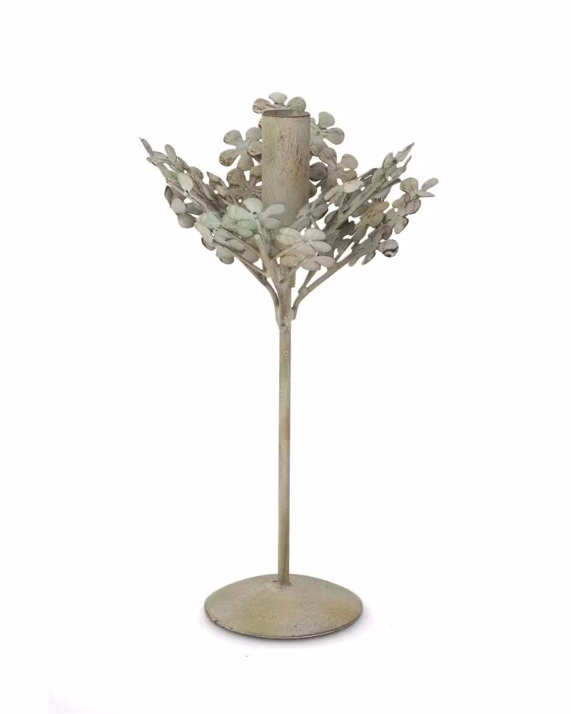 Ljusstake med blomblad i grön metall
