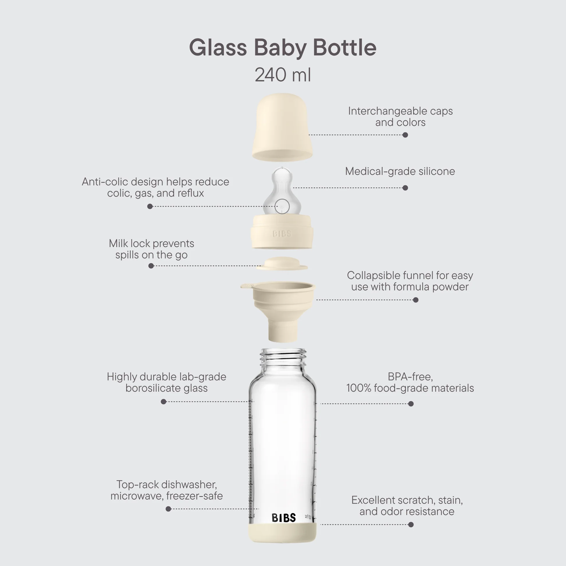 Baby Nappflaska av glas, 240 ml Silikon - Ivory - Bibs