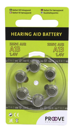 Batteri till hörapparat Proove, Zinc Air A13, 1.4V