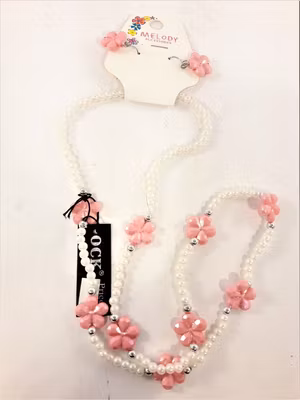 Vitt set med rosa blommor med örhänge och halsband för barn