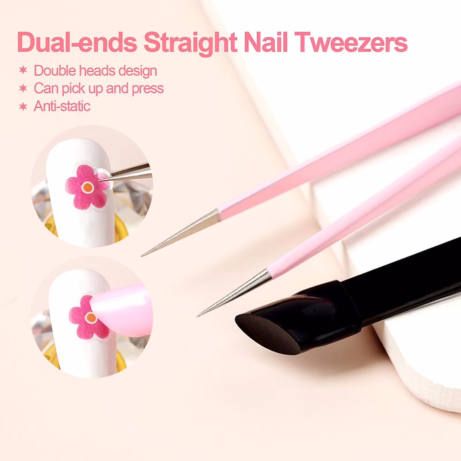 Pink Dual-ends Straight Nail Tweezers With Silicone Pressing Head For 3d Sticker
