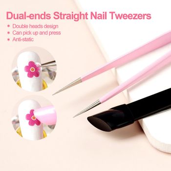 Pink Dual ends Straight Nail Tweezers With Silicone Pressing Head For 3d Sticker