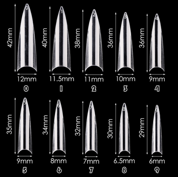 Transparanta  stiletto nageltippar  500 styck  i 10 storlekar