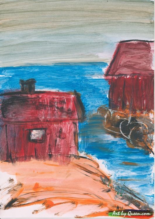 Två fiskestugor vid havet