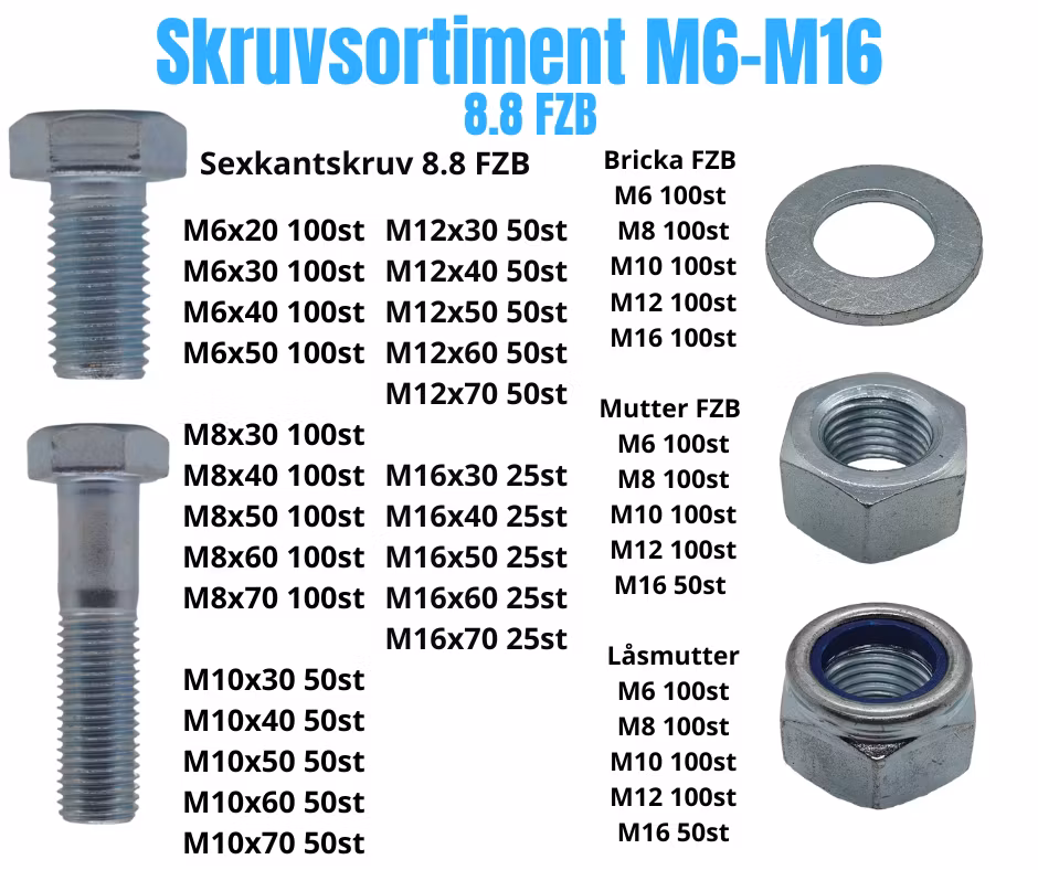 Mellan bultsortiment M6–M16 8.8 FZB 60KG + Blocknyckelsats 25 delar på köpet!