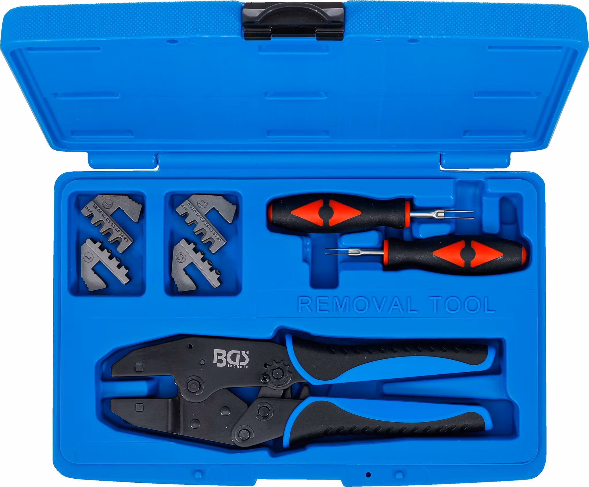 Crimptång och kontaktupplåsnings verktygsats | med 2 par backar