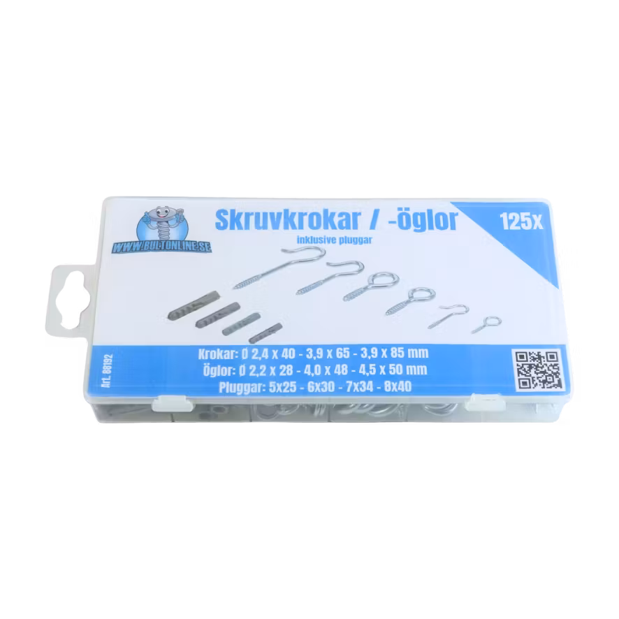 Skruvkrokar, -öglor + pluggar 125 delar