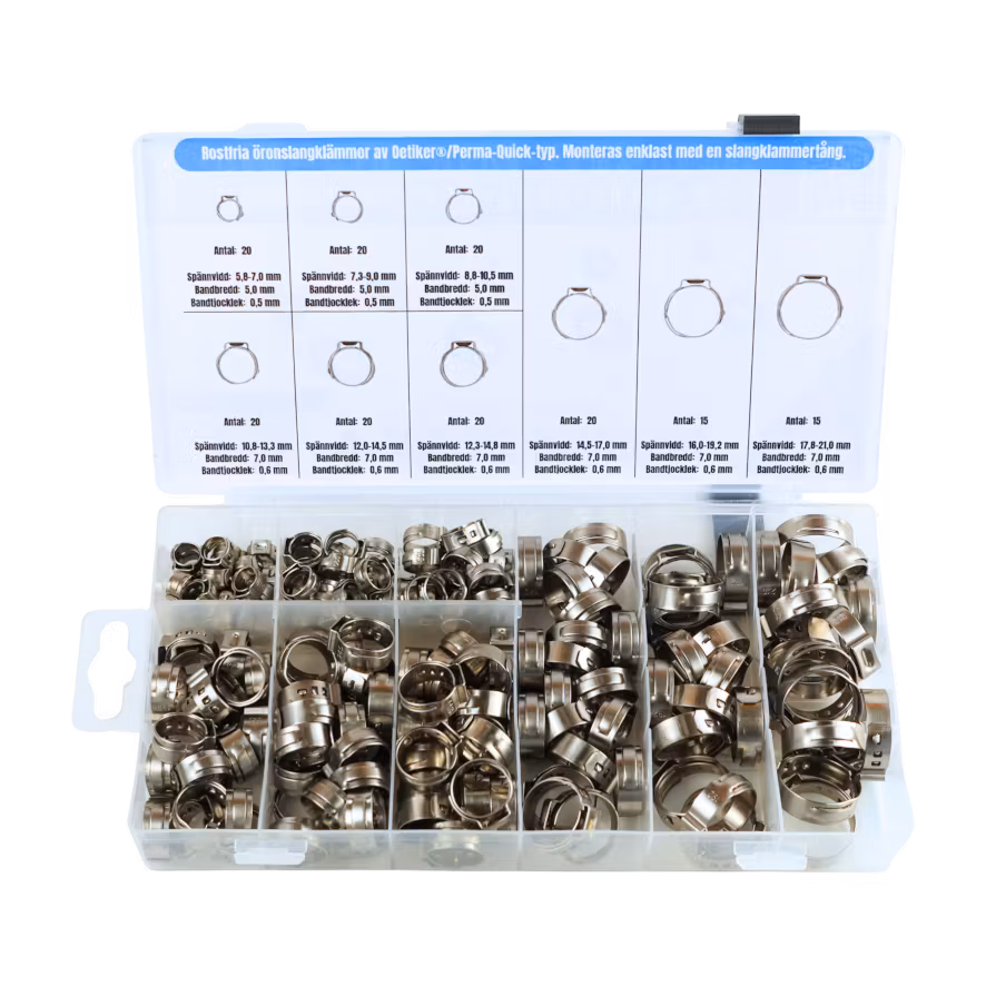 Öronslangklämmor, 1-örade, rostfria 170 delar