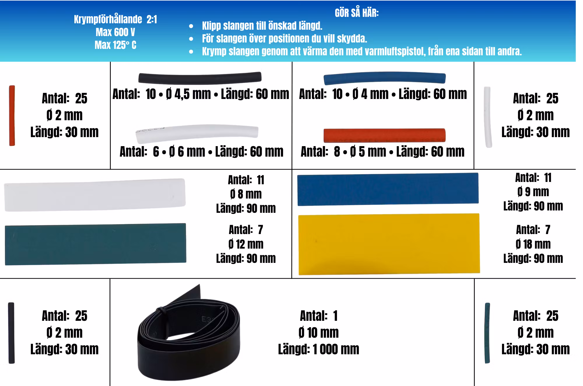 Krympslangar, färgkodade 171 delar
