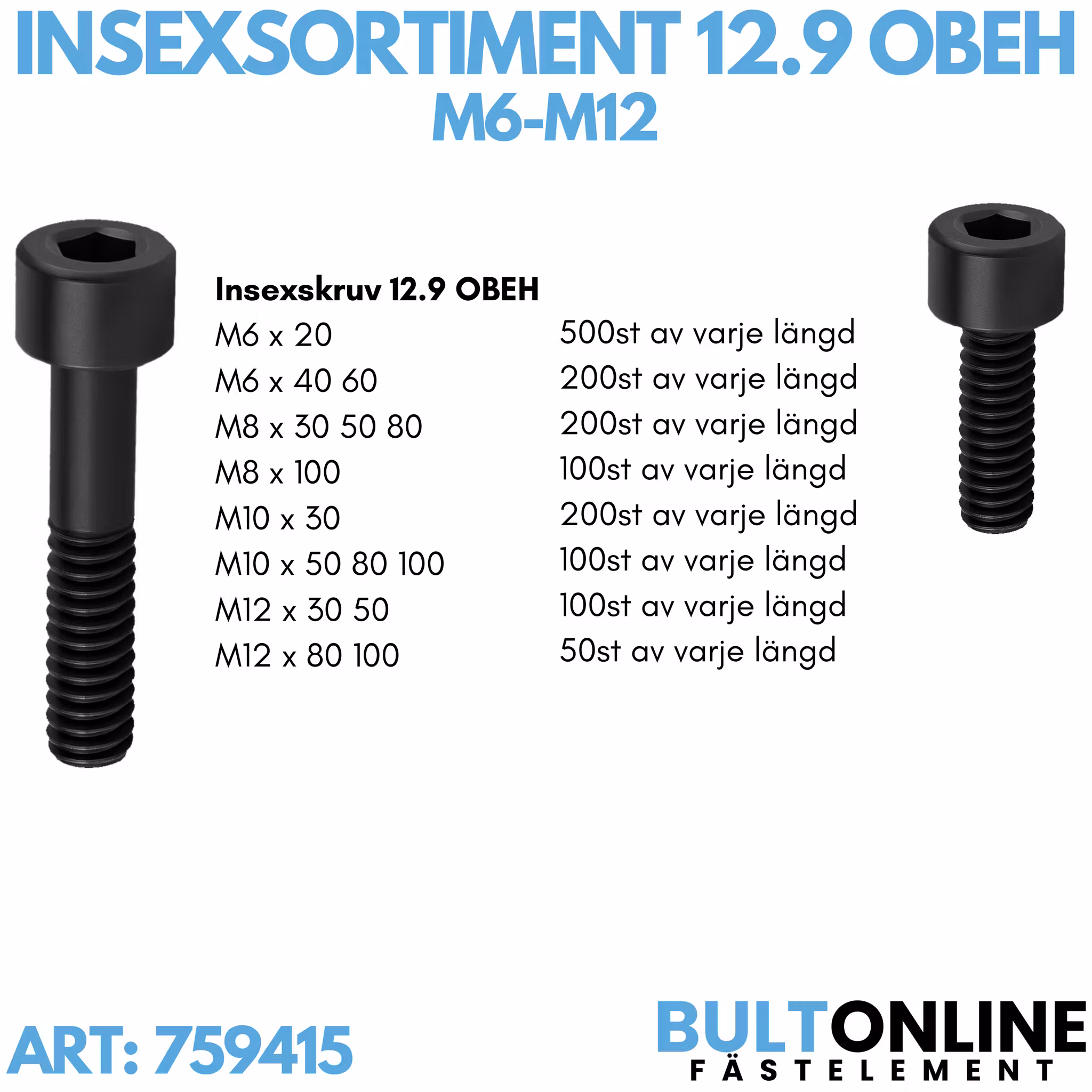 Insexsortiment M6-M12 12.9 Obeh 2400 delar