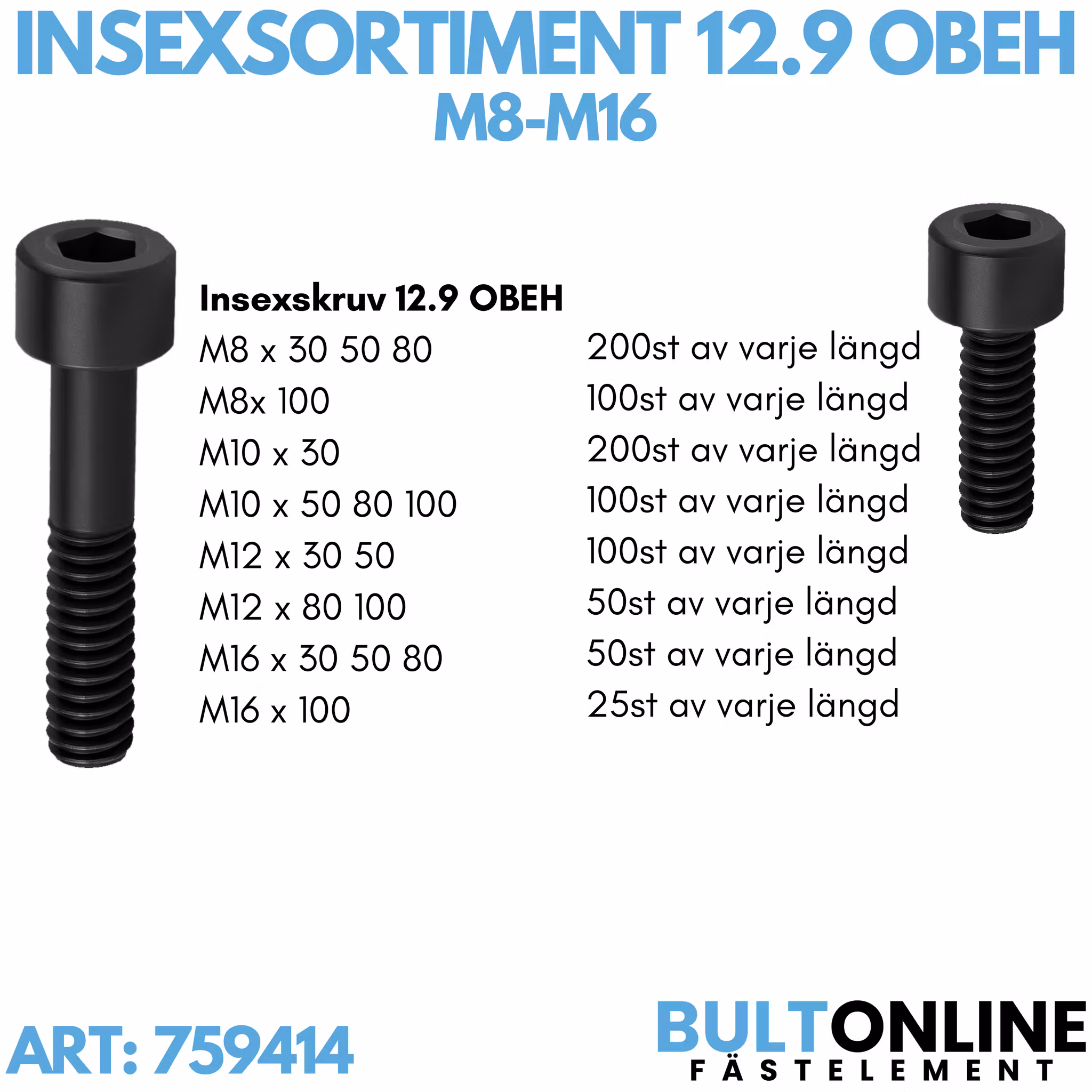 Insexsortiment M8-M16 12.9 Obeh 1675 delar