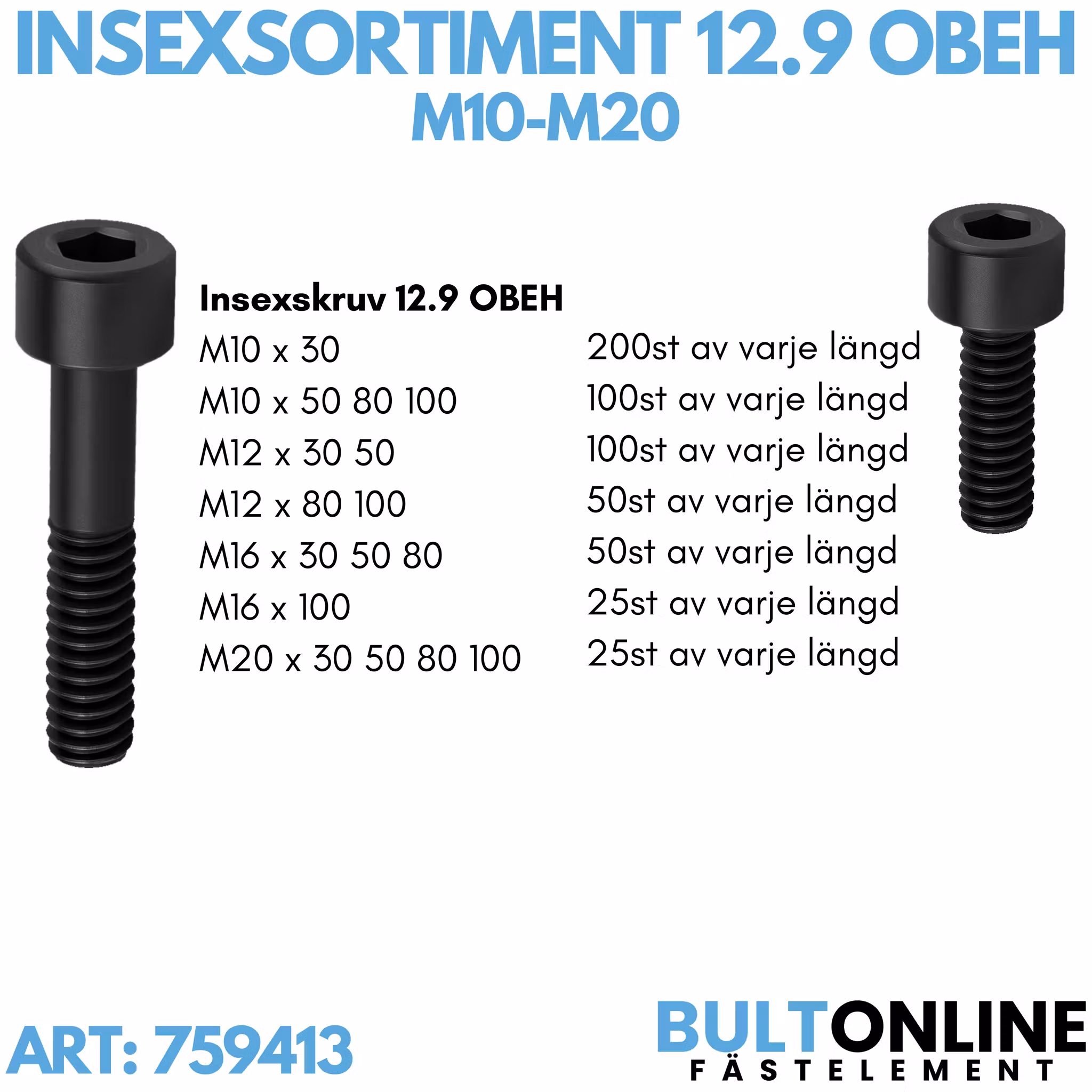 Insexsortiment M10-M20 12.9 Obeh 1175 delar