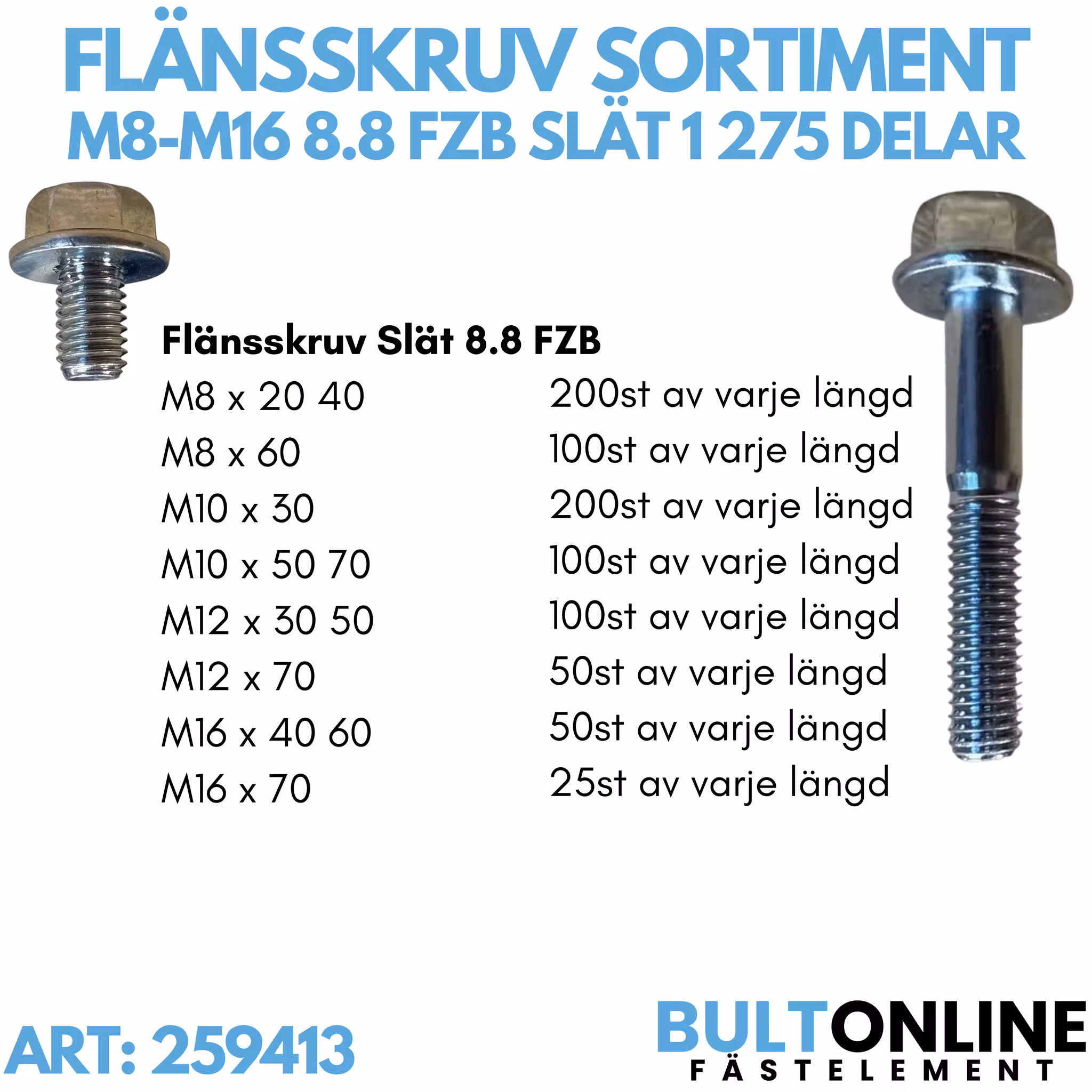 Flänsskruv sortiment M8-M16 FZB 1 275 delar