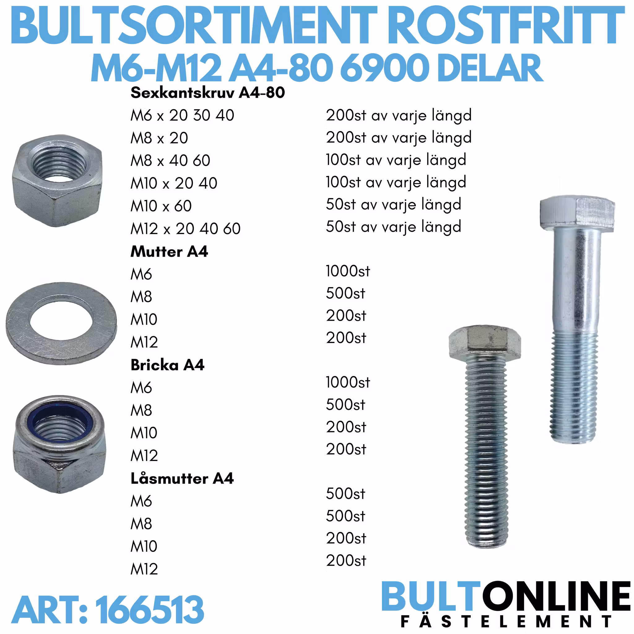 Bultsortiment rostfritt M6-M12 A4-80 6900 delar