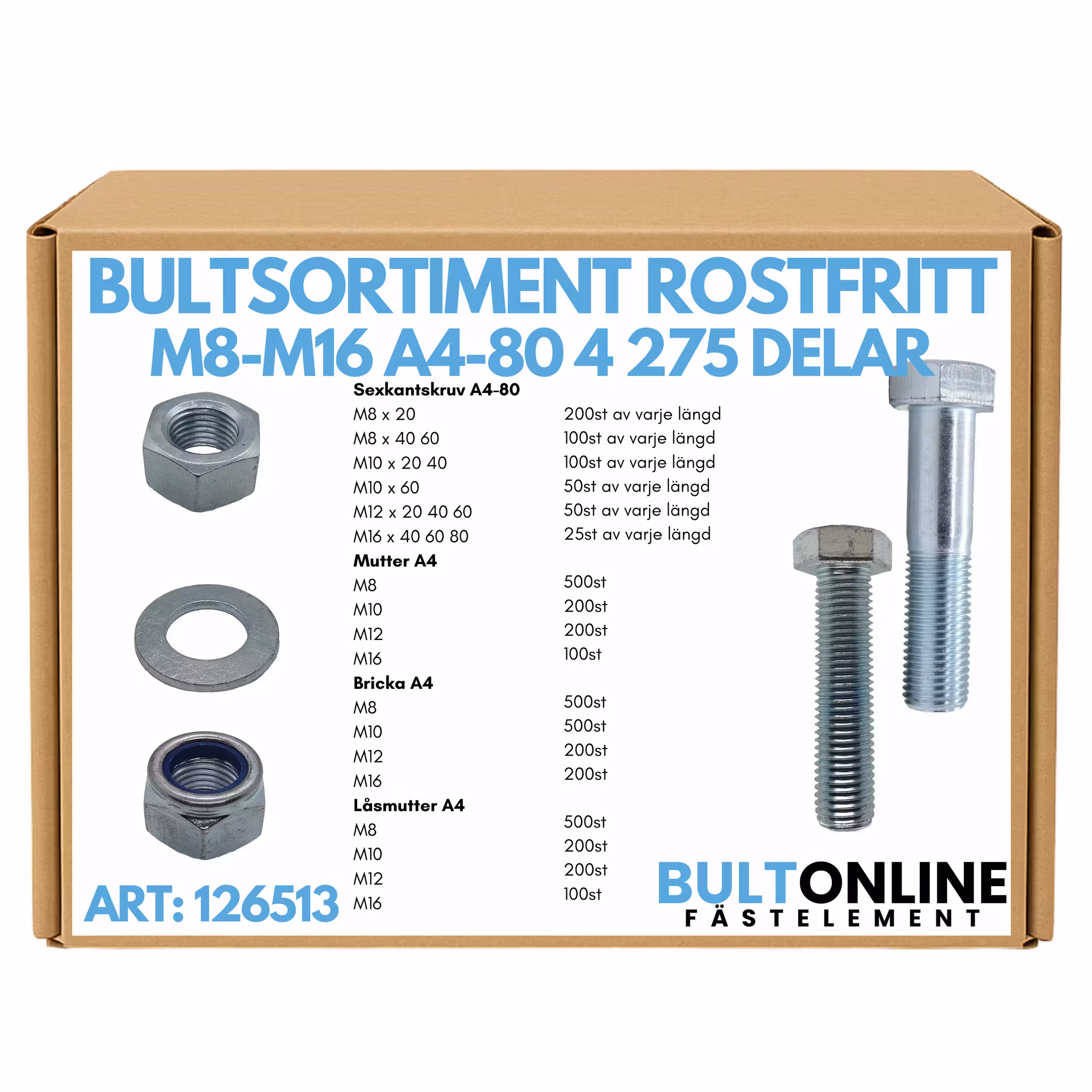 Bultsortiment rostfritt M8-M16 A4-80 4275