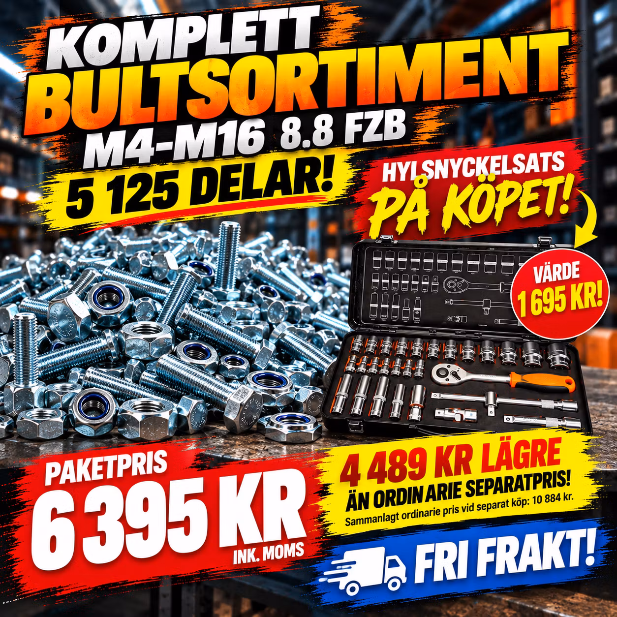 Komplett bultsortiment M4–M16 8.8 FZB – 5 125 delar + Hylsnyckelsats på köpet!
