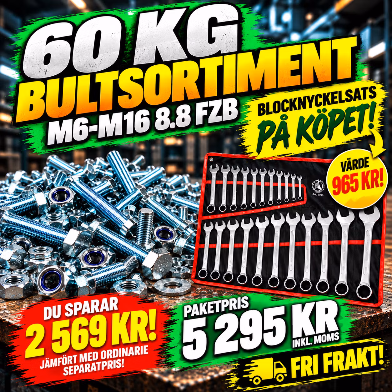 Mellan bultsortiment M6–M16 8.8 FZB 60KG + Blocknyckelsats 25 delar på köpet!