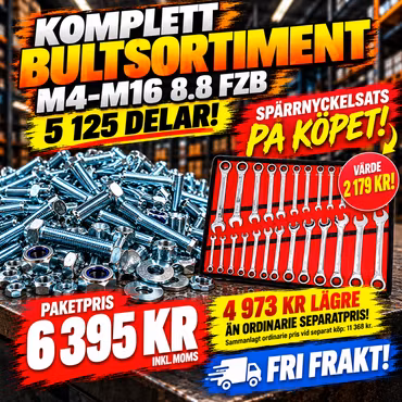 Komplett bultsortiment M4–M16 8.8 FZB 5 125 delar + Spärrnyckelsats 22 delar på köpet!